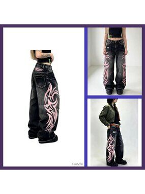 Y2K Baggy Jeans Vintage Wash High Waist Wide Leg Totem Print Denim